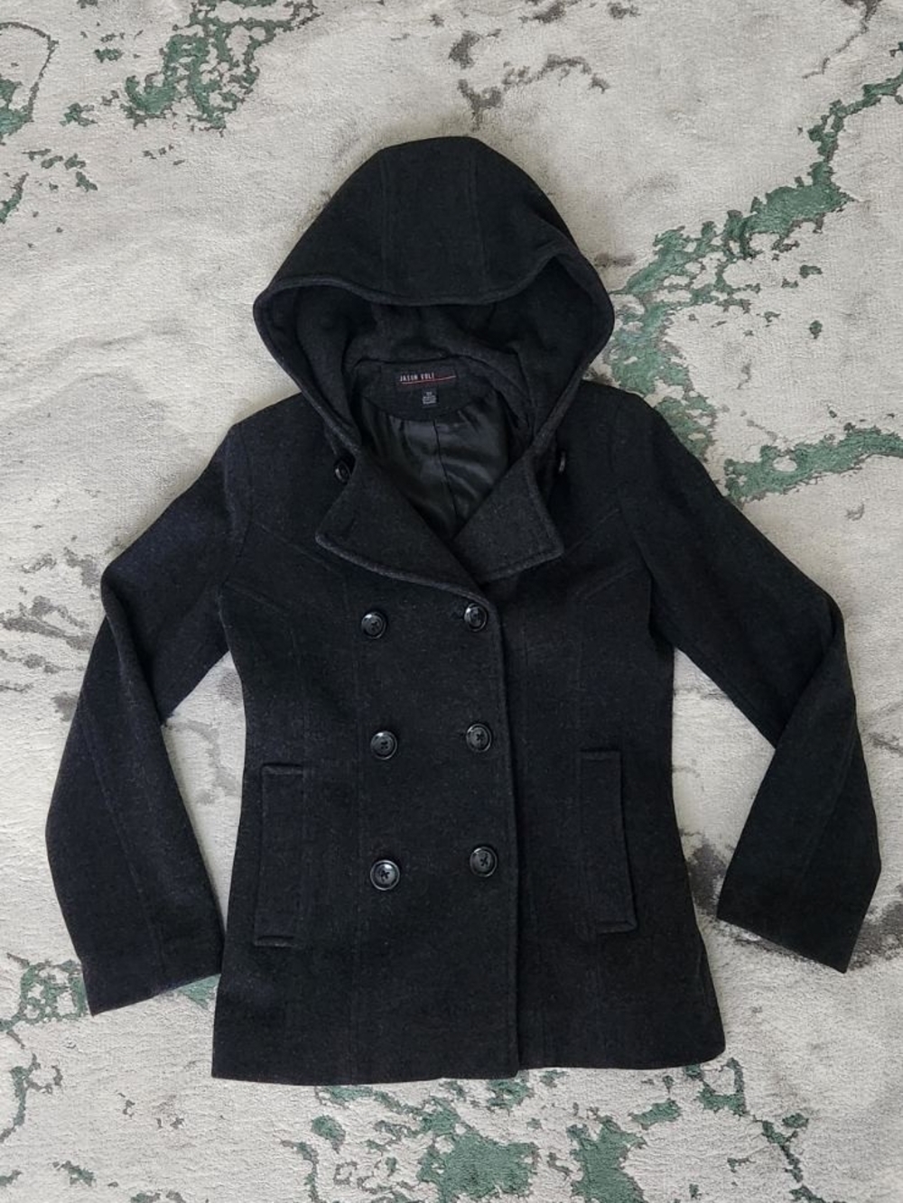 Jason Kole Hooded Double-Breasted Wool Pea Coat Size XS